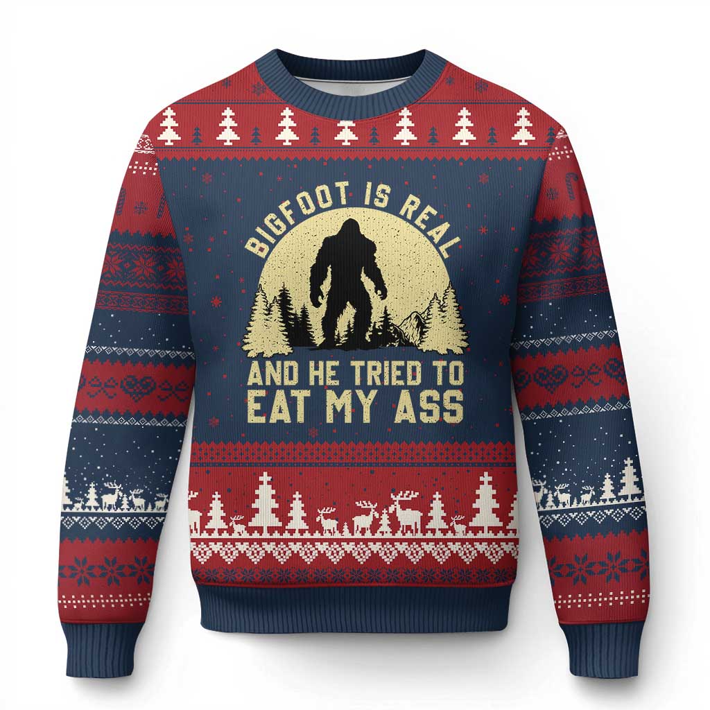 Funny Bigfoot Ugly Christmas Sweater Sasquatch Big Foot Eat My Ass Vintage Cryptid Meme TS10 Navy Red Print Your Wear