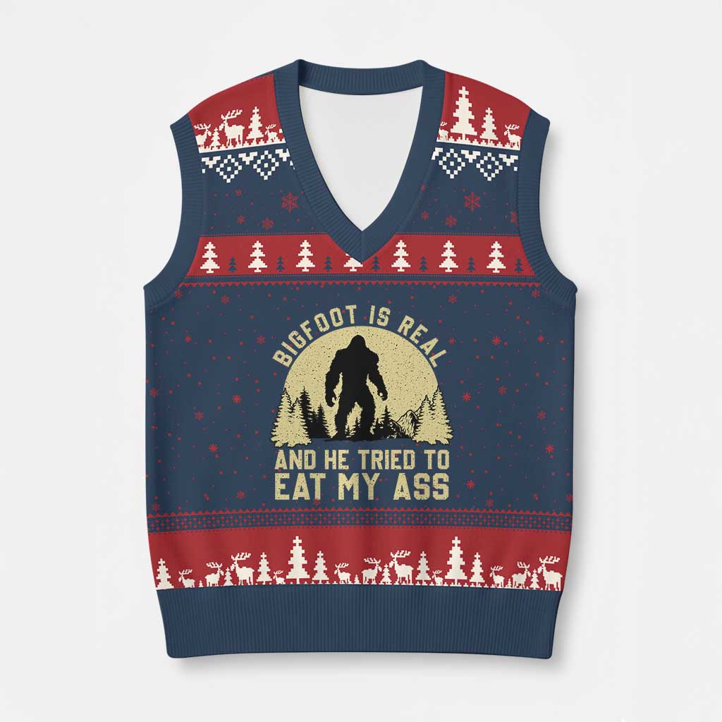 Funny Bigfoot V-Neck Knit Sweater Vest Sasquatch Big Foot Eat My Ass Vintage Cryptid Meme TS10 Navy Red Print Your Wear