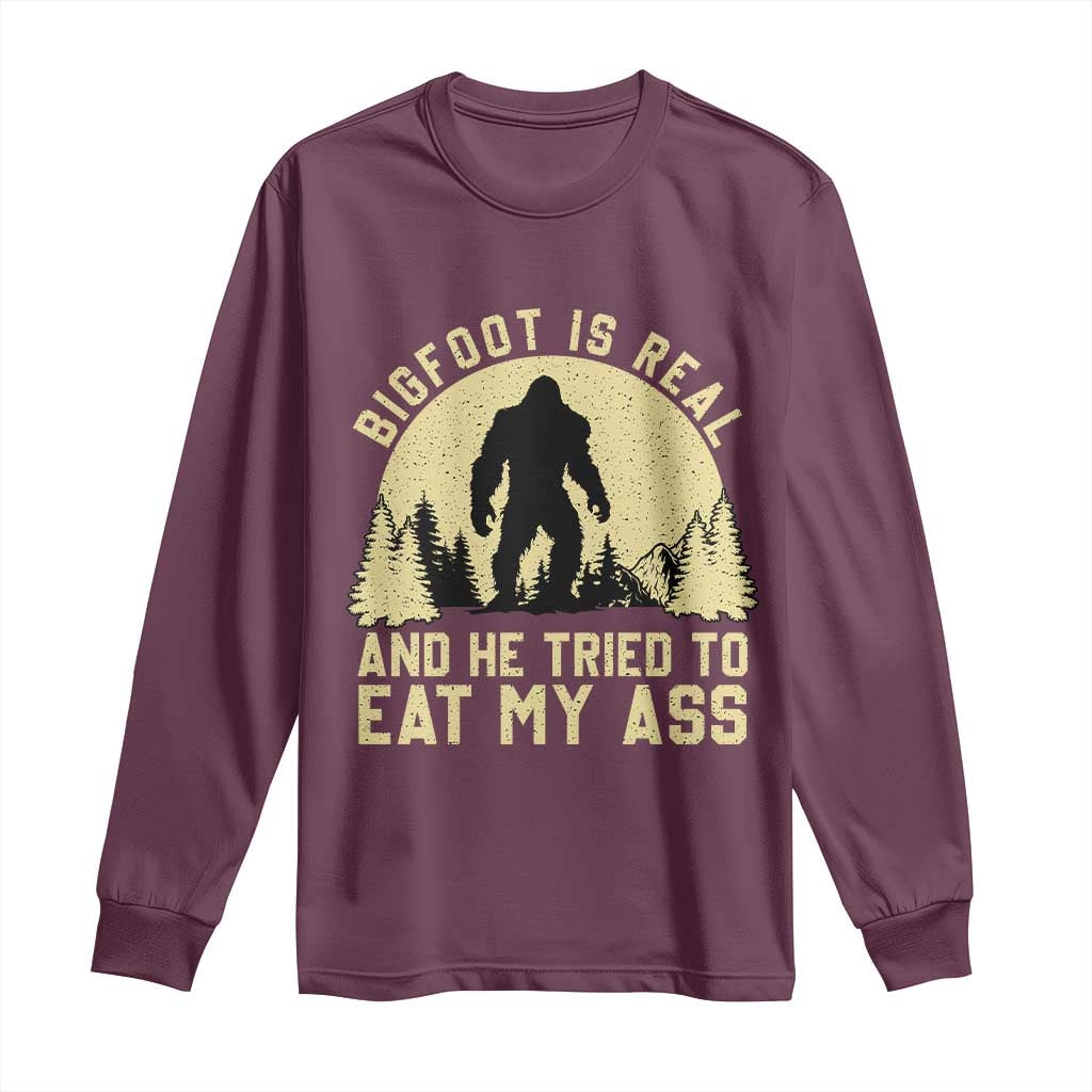 Funny Bigfoot Long Sleeve Shirt Sasquatch Big Foot Eat My Ass Vintage Cryptid Meme TS10 Maroon Print Your Wear