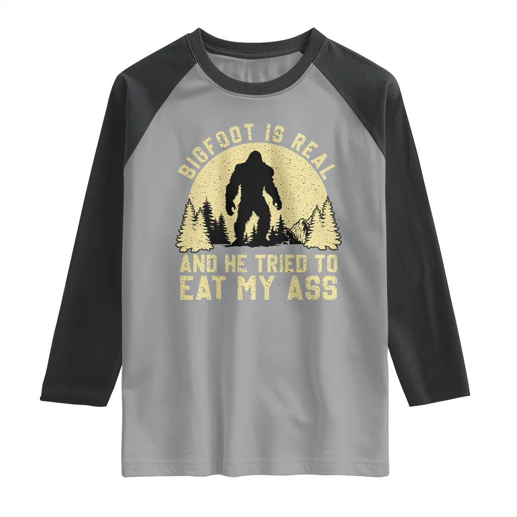 Funny Bigfoot Raglan Shirt Sasquatch Big Foot Eat My Ass Vintage Cryptid Meme TS10 Sport Gray Black Print Your Wear
