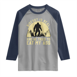 Funny Bigfoot Raglan Shirt Sasquatch Big Foot Eat My Ass Vintage Cryptid Meme TS10 Sport Gray Navy Print Your Wear