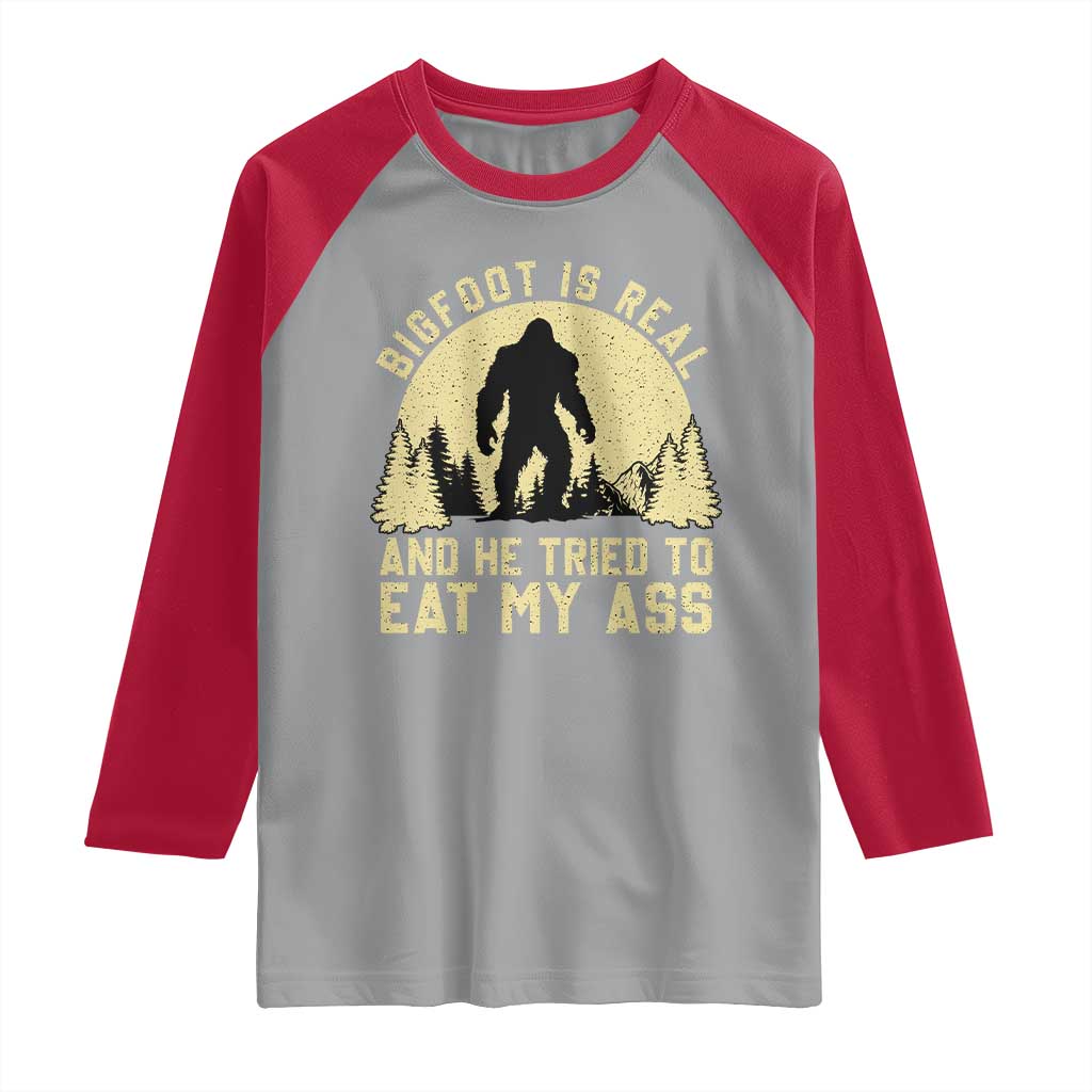 Funny Bigfoot Raglan Shirt Sasquatch Big Foot Eat My Ass Vintage Cryptid Meme TS10 Sport Gray Red Print Your Wear