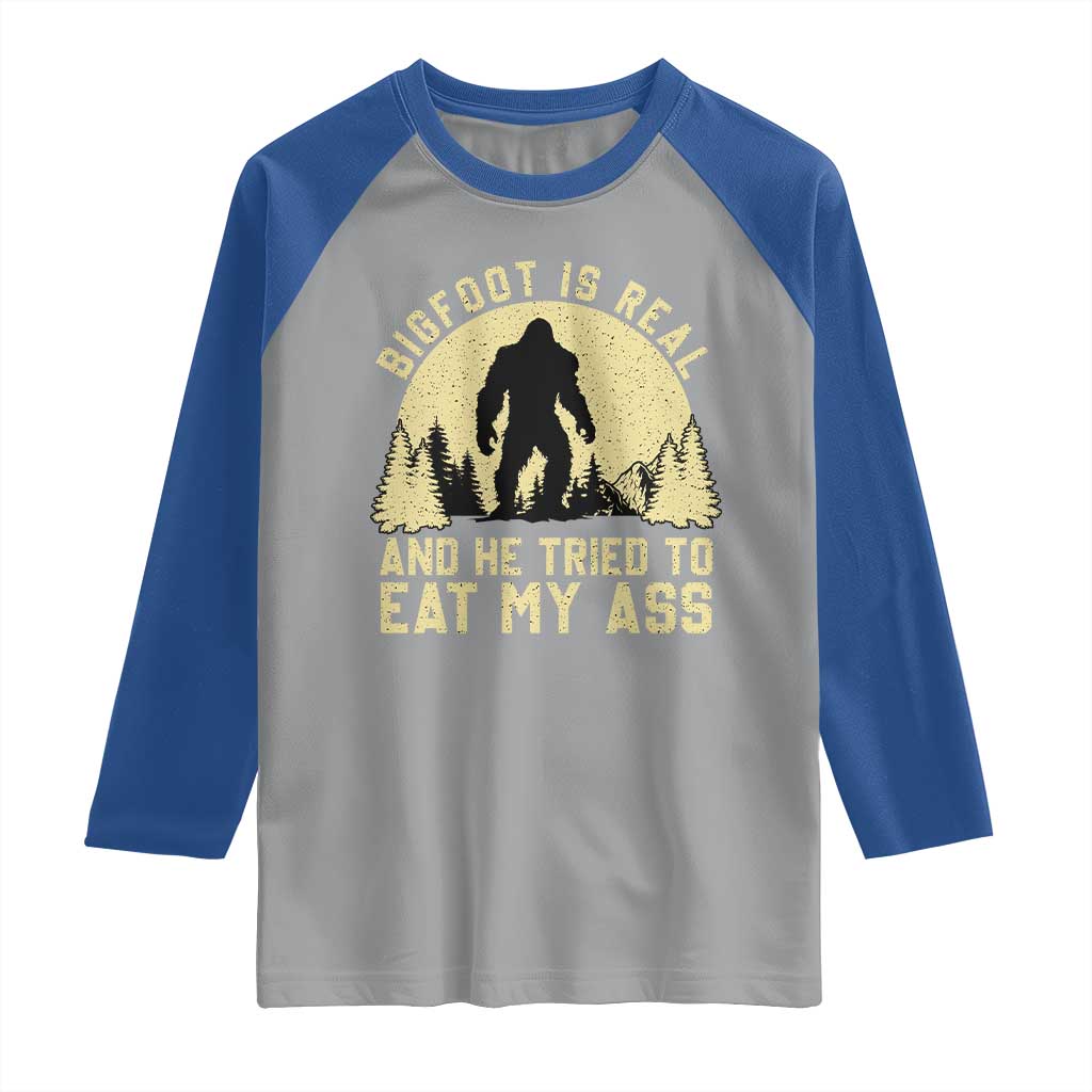 Funny Bigfoot Raglan Shirt Sasquatch Big Foot Eat My Ass Vintage Cryptid Meme TS10 Sport Gray Royal Print Your Wear