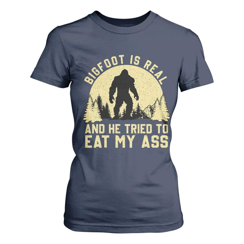 Funny Bigfoot T Shirt For Women Sasquatch Big Foot Eat My Ass Vintage Cryptid Meme TS10 Navy Print Your Wear