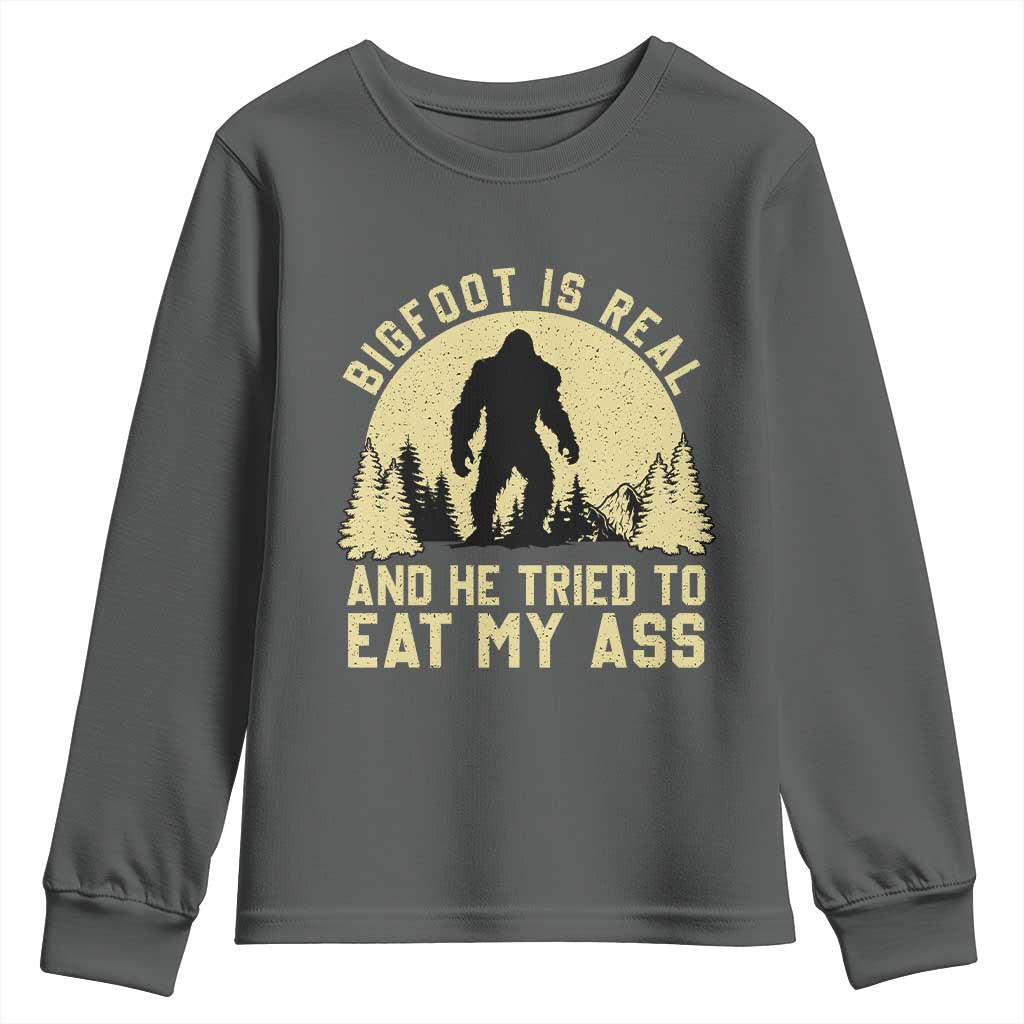 Funny Bigfoot Youth Sweatshirt Sasquatch Big Foot Eat My Ass Vintage Cryptid Meme TS10 Dark Heather Print Your Wear