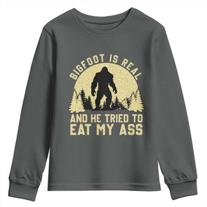 Funny Bigfoot Youth Sweatshirt Sasquatch Big Foot Eat My Ass Vintage Cryptid Meme TS10 Dark Heather Print Your Wear