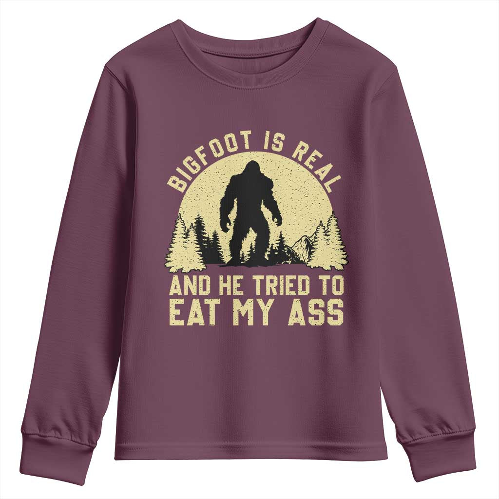 Funny Bigfoot Youth Sweatshirt Sasquatch Big Foot Eat My Ass Vintage Cryptid Meme TS10 Maroon Print Your Wear