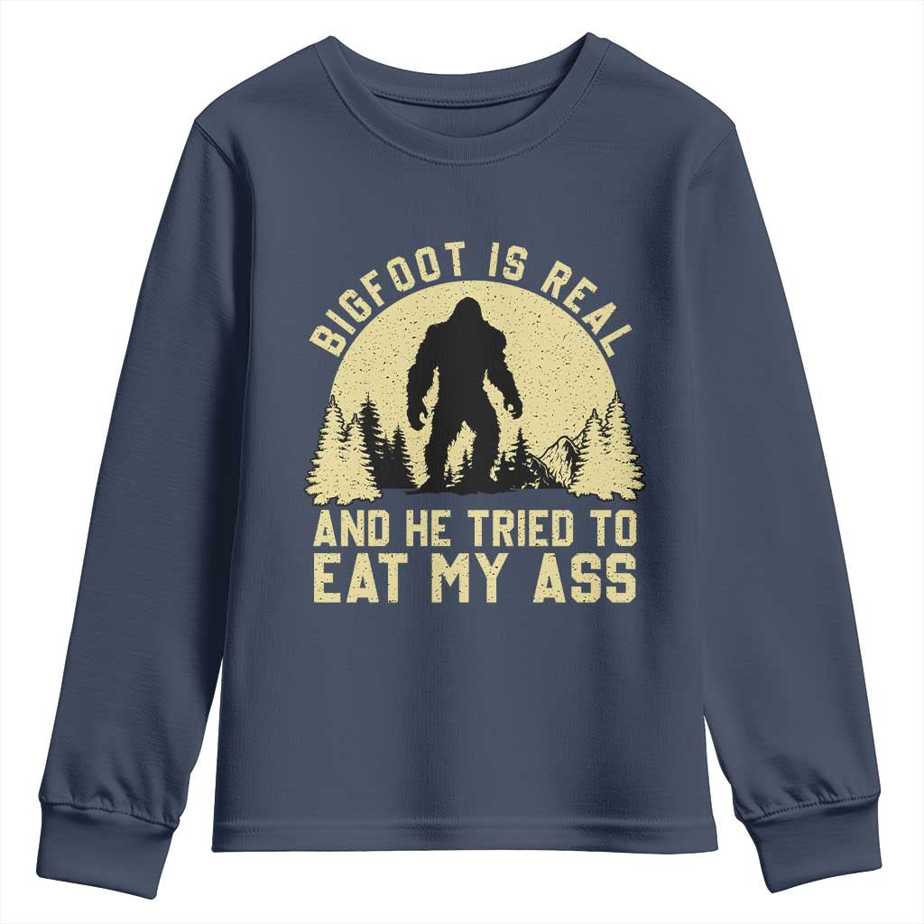 Funny Bigfoot Youth Sweatshirt Sasquatch Big Foot Eat My Ass Vintage Cryptid Meme TS10 Navy Print Your Wear