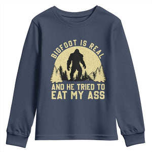 Funny Bigfoot Youth Sweatshirt Sasquatch Big Foot Eat My Ass Vintage Cryptid Meme TS10 Navy Print Your Wear