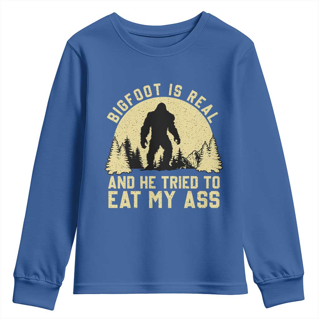 Funny Bigfoot Youth Sweatshirt Sasquatch Big Foot Eat My Ass Vintage Cryptid Meme TS10 Royal Blue Print Your Wear