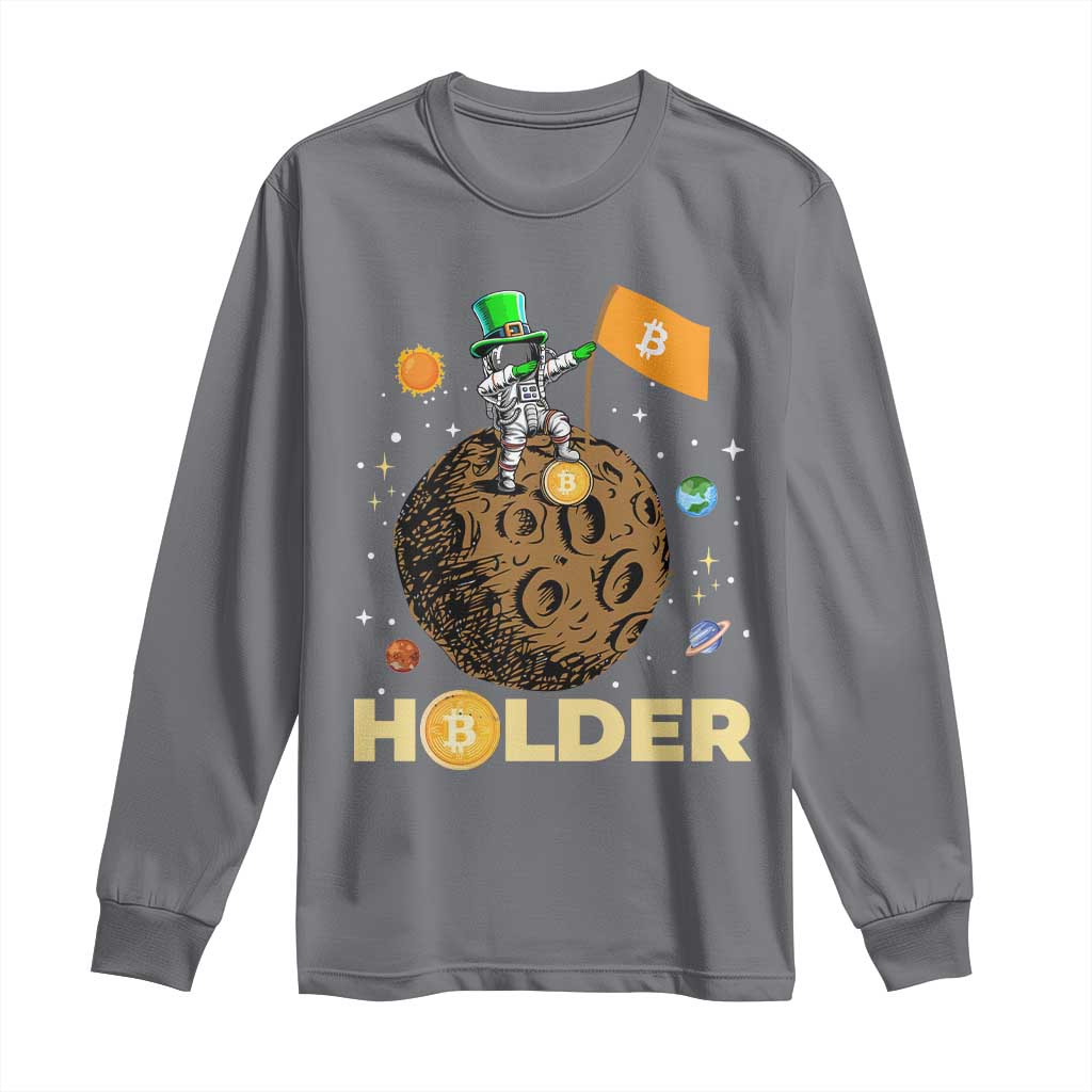 St Patricks Day Bitcoin Astronaut Long Sleeve Shirt Lucky Shamrock Leprechaun BTC Crypto To The Moon TS10 Charcoal Print Your Wear
