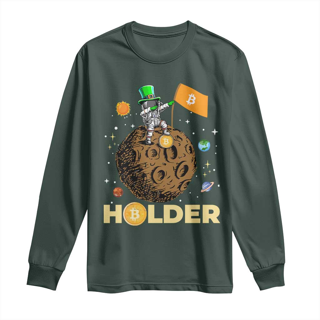 St Patricks Day Bitcoin Astronaut Long Sleeve Shirt Lucky Shamrock Leprechaun BTC Crypto To The Moon TS10 Dark Forest Green Print Your Wear