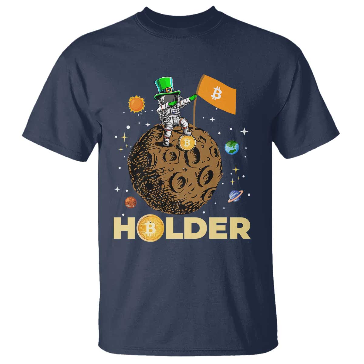 St Patricks Day Bitcoin Astronaut T Shirt Lucky Shamrock Leprechaun BTC Crypto To The Moon TS10 Navy Print Your Wear