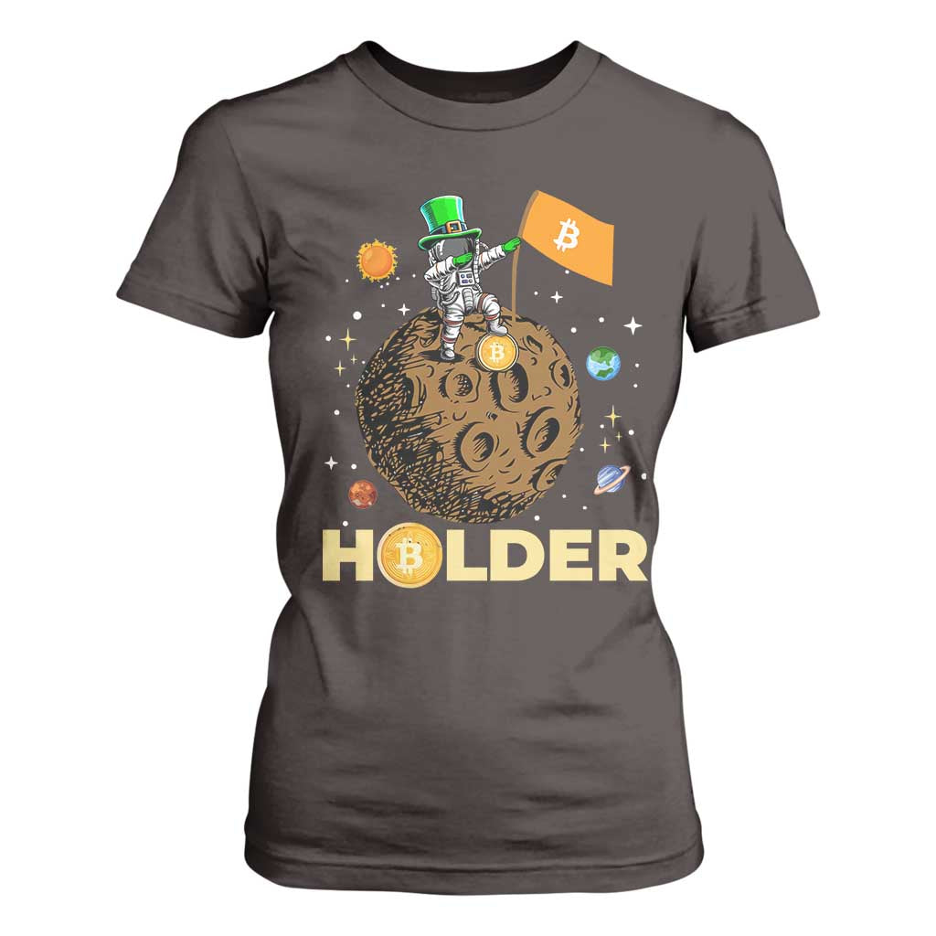 St Patricks Day Bitcoin Astronaut T Shirt For Women Lucky Shamrock Leprechaun BTC Crypto To The Moon TS10 Dark Chocolate Print Your Wear