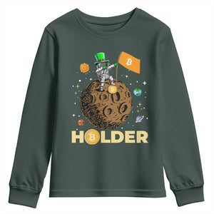 St Patricks Day Bitcoin Astronaut Youth Sweatshirt Lucky Shamrock Leprechaun BTC Crypto To The Moon TS10 Dark Forest Green Print Your Wear