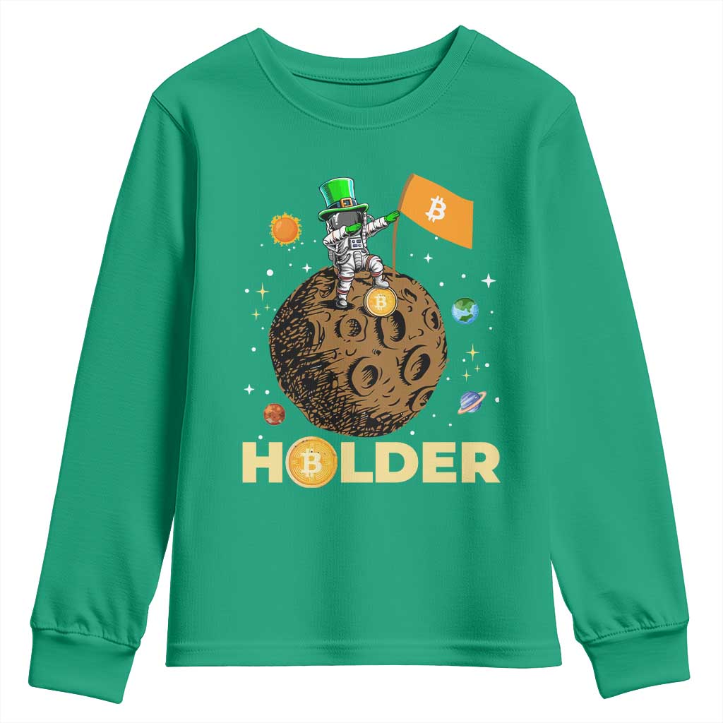 St Patricks Day Bitcoin Astronaut Youth Sweatshirt Lucky Shamrock Leprechaun BTC Crypto To The Moon TS10 Irish Green Print Your Wear