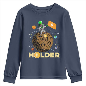 St Patricks Day Bitcoin Astronaut Youth Sweatshirt Lucky Shamrock Leprechaun BTC Crypto To The Moon TS10 Navy Print Your Wear