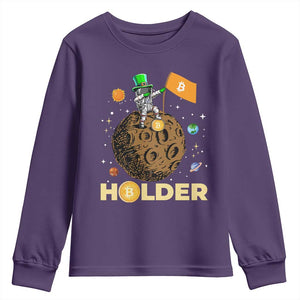 St Patricks Day Bitcoin Astronaut Youth Sweatshirt Lucky Shamrock Leprechaun BTC Crypto To The Moon TS10 Purple Print Your Wear