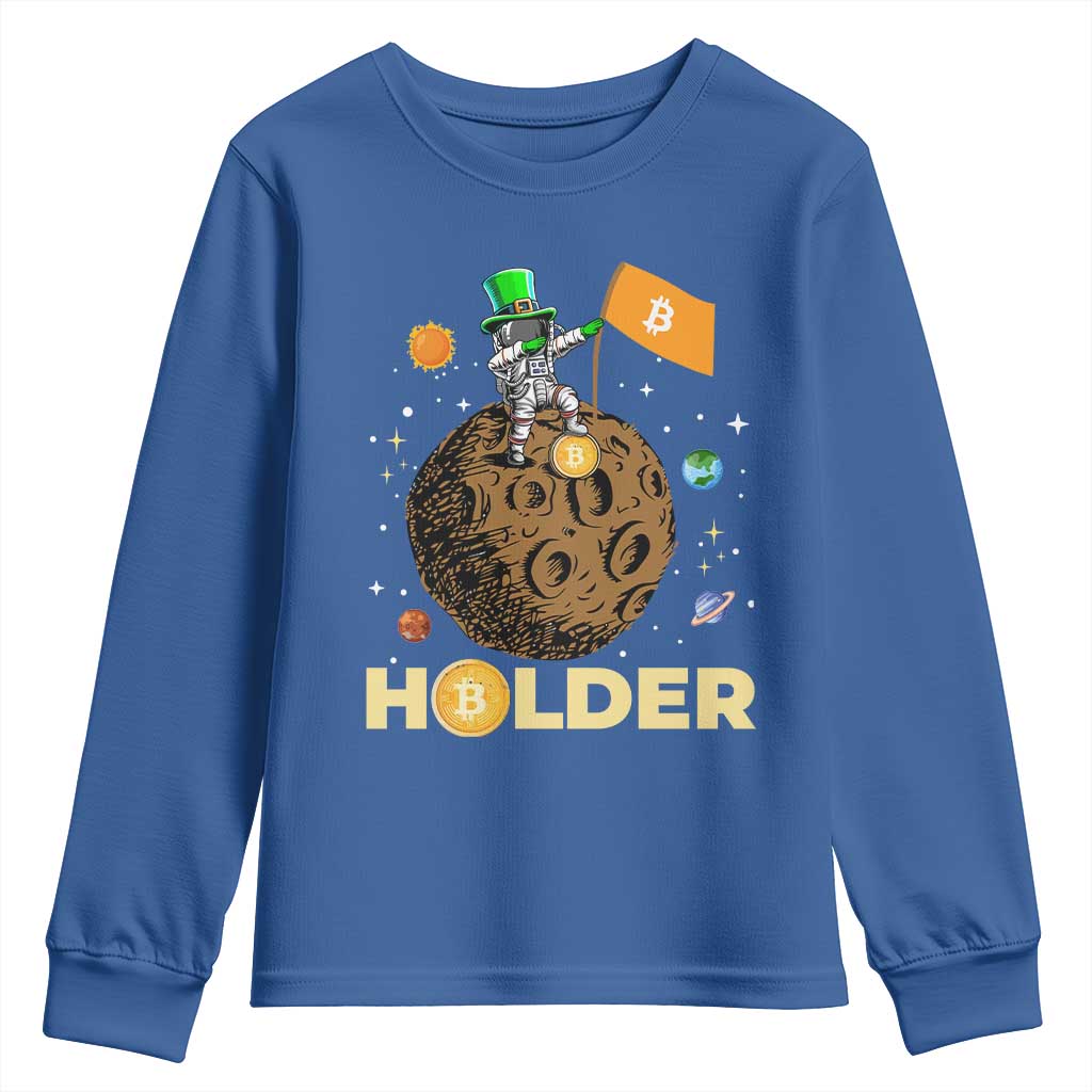St Patricks Day Bitcoin Astronaut Youth Sweatshirt Lucky Shamrock Leprechaun BTC Crypto To The Moon TS10 Royal Blue Print Your Wear