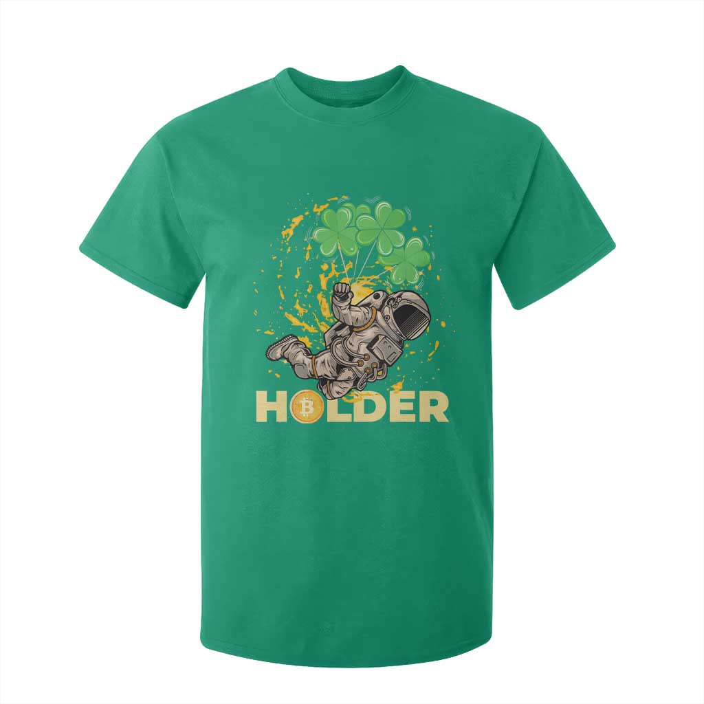 St Patricks Day Bitcoin Astronaut T Shirt For Kid Lucky Shamrock Leprechaun BTC Crypto Holder TS10 Irish Green Print Your Wear