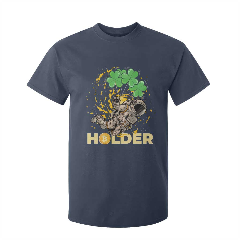 St Patricks Day Bitcoin Astronaut T Shirt For Kid Lucky Shamrock Leprechaun BTC Crypto Holder TS10 Navy Print Your Wear