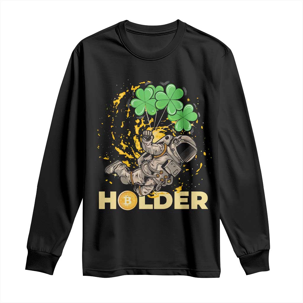 St Patricks Day Bitcoin Astronaut Long Sleeve Shirt Lucky Shamrock Leprechaun BTC Crypto Holder TS10 Black Print Your Wear