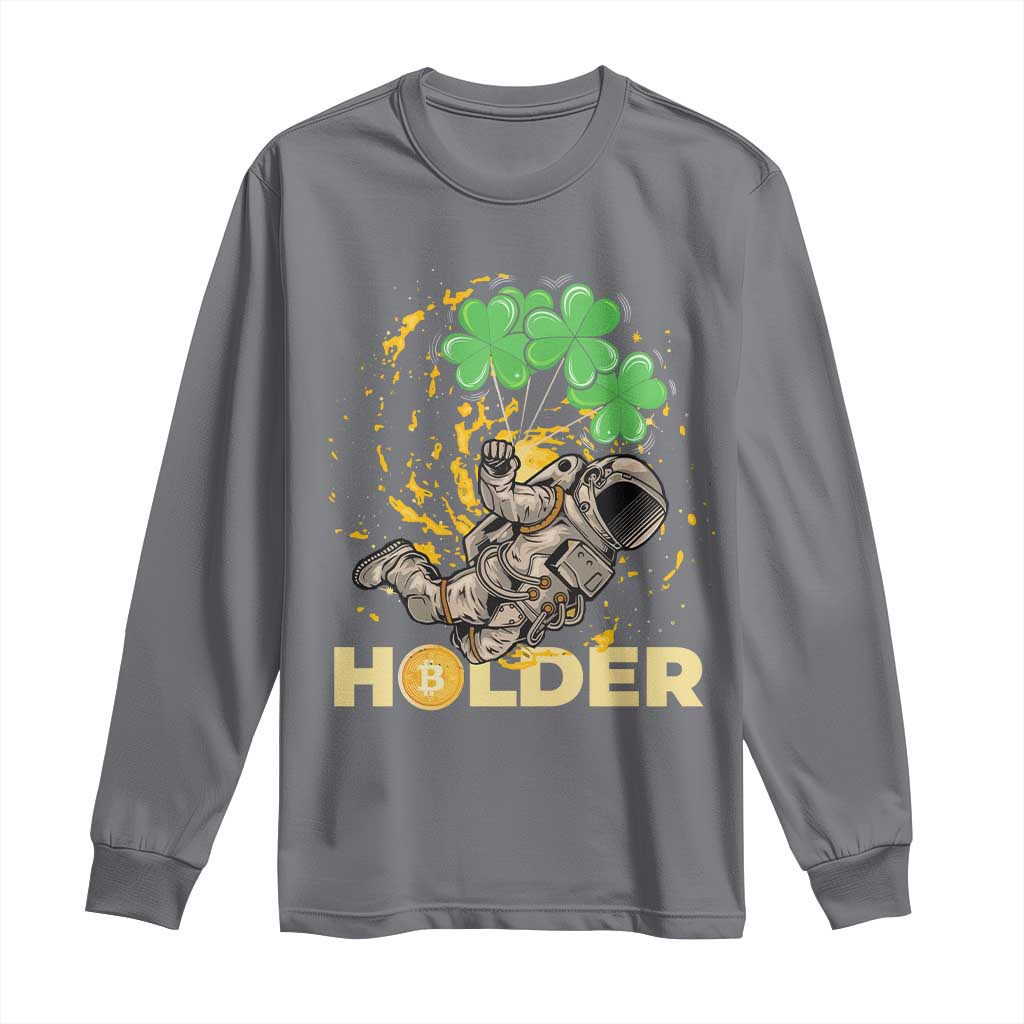 St Patricks Day Bitcoin Astronaut Long Sleeve Shirt Lucky Shamrock Leprechaun BTC Crypto Holder TS10 Charcoal Print Your Wear