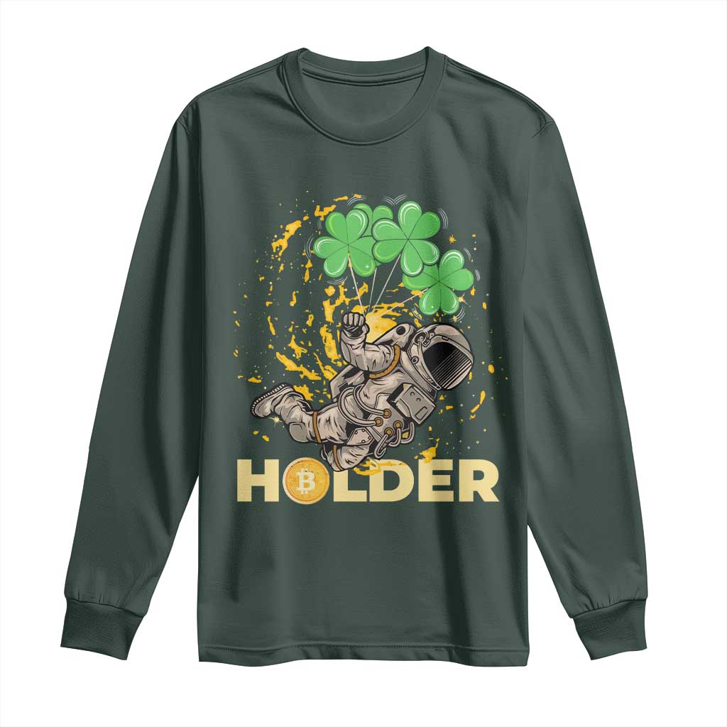 St Patricks Day Bitcoin Astronaut Long Sleeve Shirt Lucky Shamrock Leprechaun BTC Crypto Holder TS10 Dark Forest Green Print Your Wear