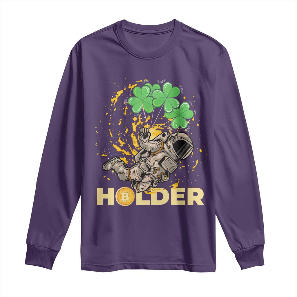 St Patricks Day Bitcoin Astronaut Long Sleeve Shirt Lucky Shamrock Leprechaun BTC Crypto Holder TS10 Purple Print Your Wear
