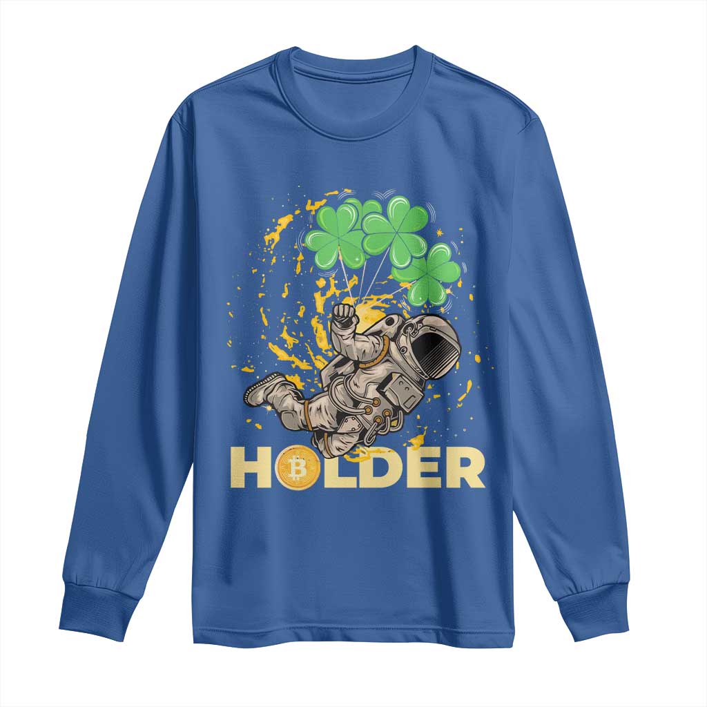 St Patricks Day Bitcoin Astronaut Long Sleeve Shirt Lucky Shamrock Leprechaun BTC Crypto Holder TS10 Royal Blue Print Your Wear