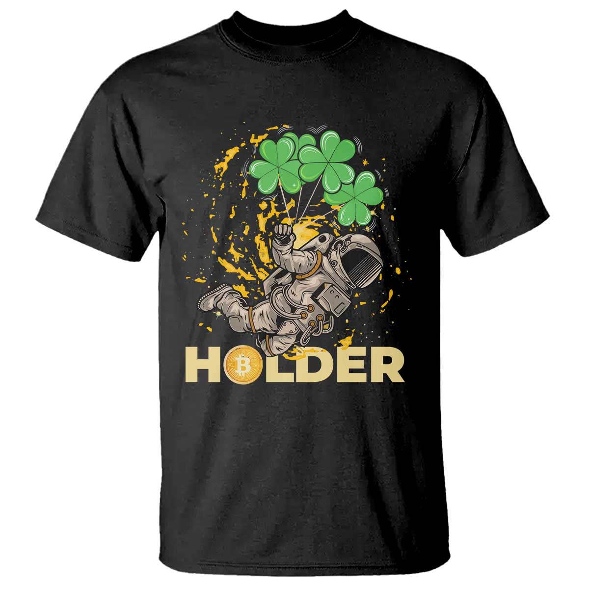St Patricks Day Bitcoin Astronaut T Shirt Lucky Shamrock Leprechaun BTC Crypto Holder TS10 Black Print Your Wear