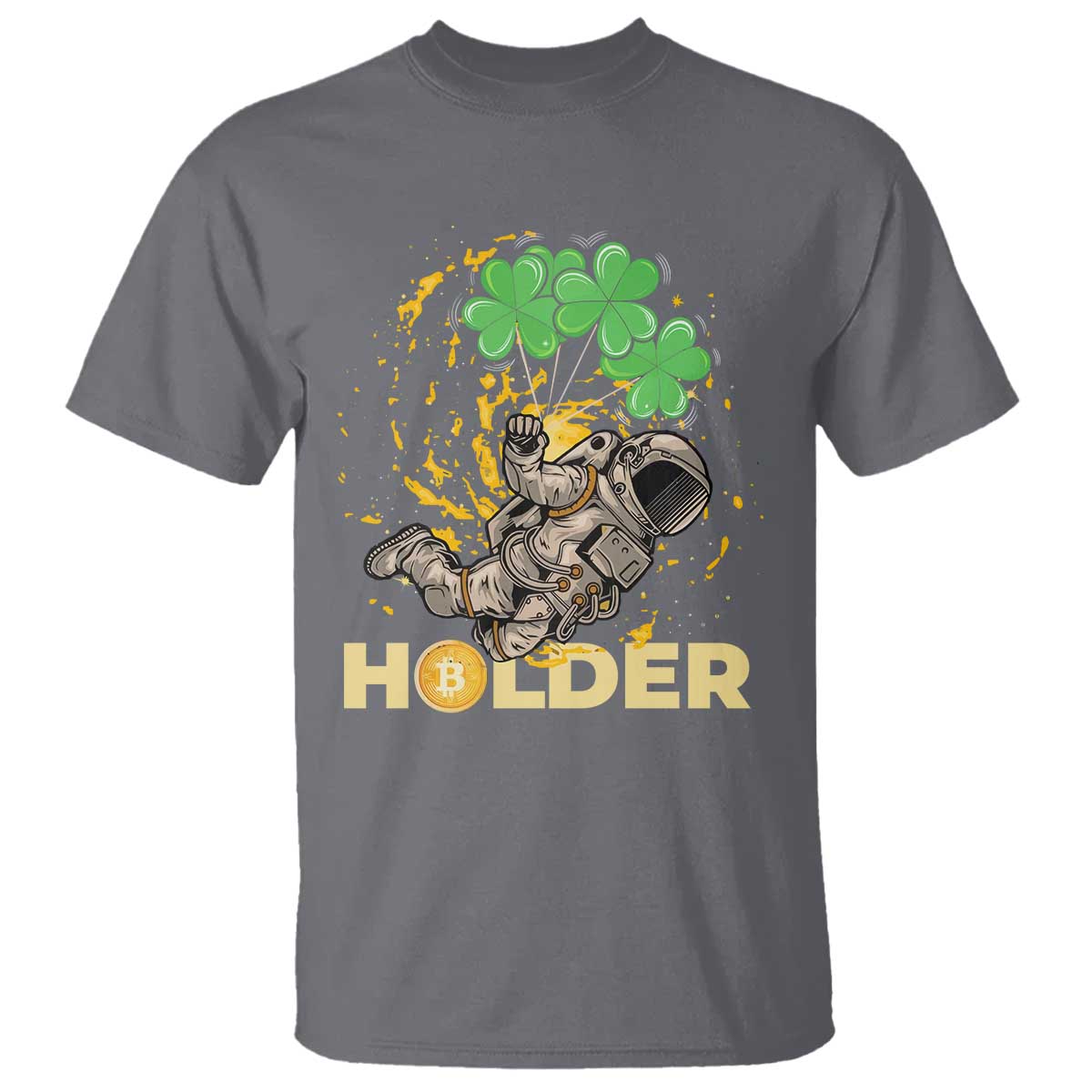 St Patricks Day Bitcoin Astronaut T Shirt Lucky Shamrock Leprechaun BTC Crypto Holder TS10 Charcoal Print Your Wear