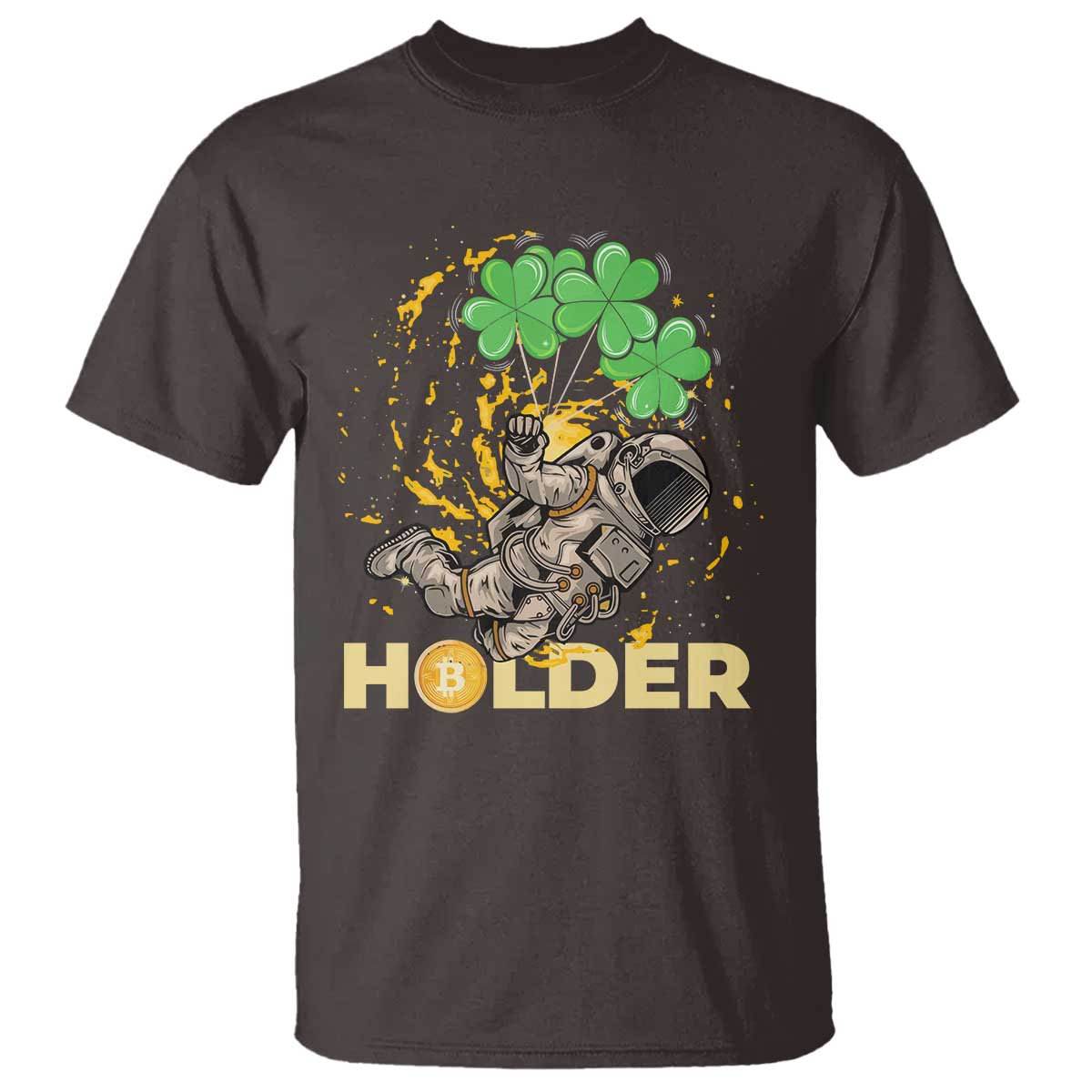 St Patricks Day Bitcoin Astronaut T Shirt Lucky Shamrock Leprechaun BTC Crypto Holder TS10 Dark Chocolate Print Your Wear