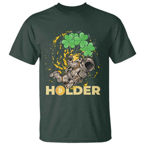 St Patricks Day Bitcoin Astronaut T Shirt Lucky Shamrock Leprechaun BTC Crypto Holder TS10 Dark Forest Green Print Your Wear