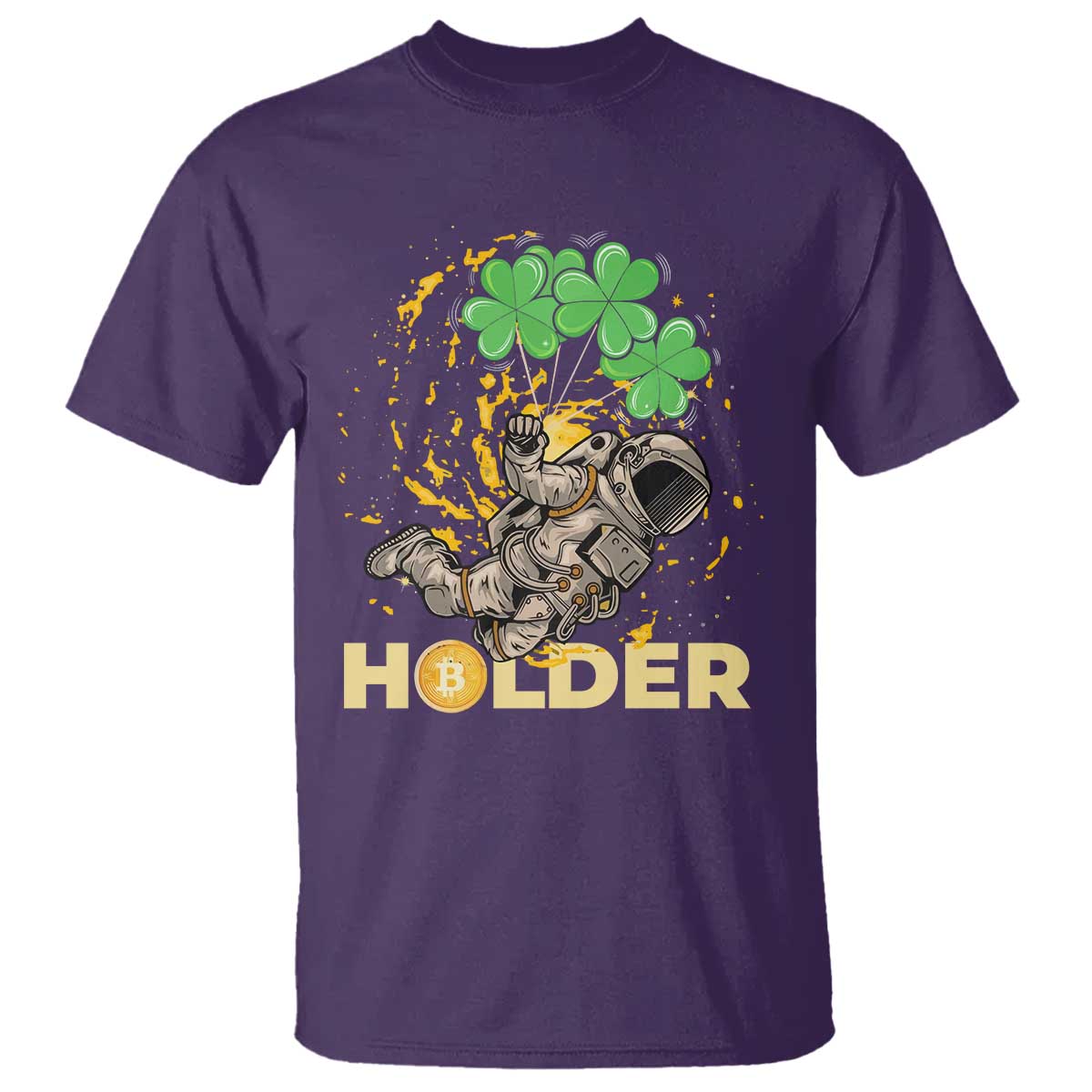 St Patricks Day Bitcoin Astronaut T Shirt Lucky Shamrock Leprechaun BTC Crypto Holder TS10 Purple Print Your Wear