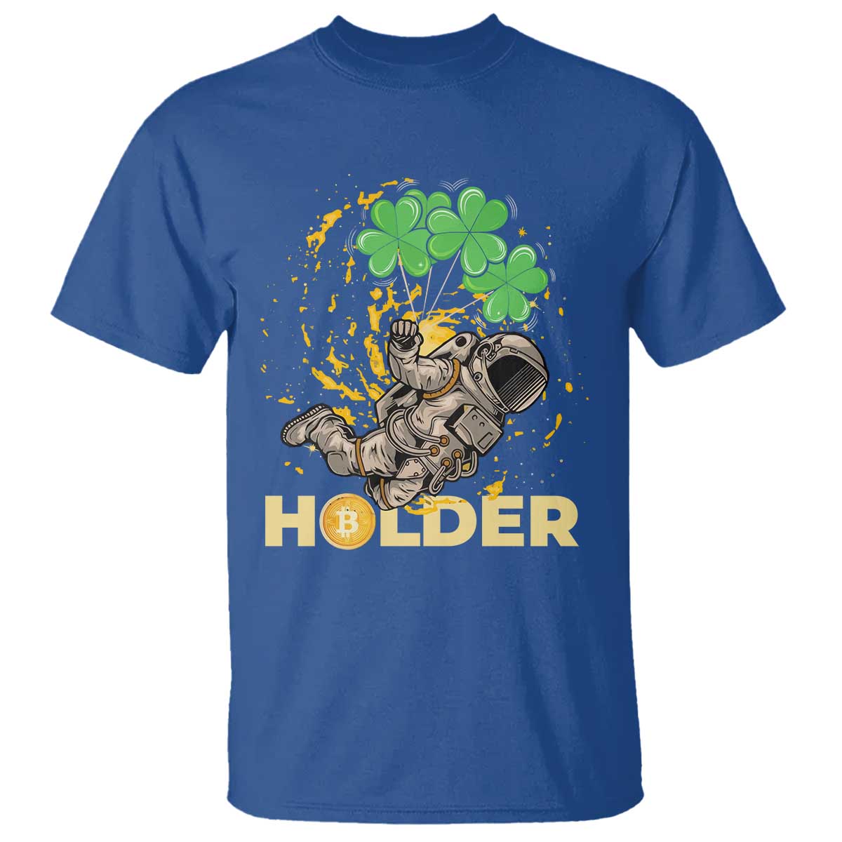 St Patricks Day Bitcoin Astronaut T Shirt Lucky Shamrock Leprechaun BTC Crypto Holder TS10 Royal Blue Print Your Wear