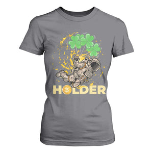 St Patricks Day Bitcoin Astronaut T Shirt For Women Lucky Shamrock Leprechaun BTC Crypto Holder TS10 Charcoal Print Your Wear