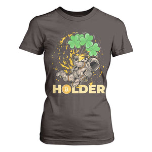 St Patricks Day Bitcoin Astronaut T Shirt For Women Lucky Shamrock Leprechaun BTC Crypto Holder TS10 Dark Chocolate Print Your Wear