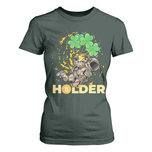 St Patricks Day Bitcoin Astronaut T Shirt For Women Lucky Shamrock Leprechaun BTC Crypto Holder TS10 Dark Forest Green Print Your Wear