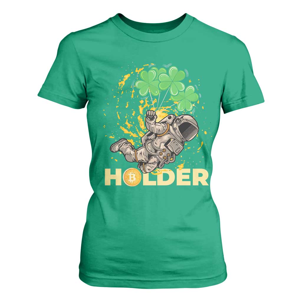 St Patricks Day Bitcoin Astronaut T Shirt For Women Lucky Shamrock Leprechaun BTC Crypto Holder TS10 Irish Green Print Your Wear