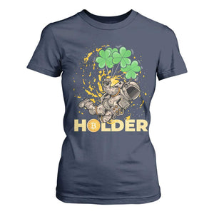 St Patricks Day Bitcoin Astronaut T Shirt For Women Lucky Shamrock Leprechaun BTC Crypto Holder TS10 Navy Print Your Wear