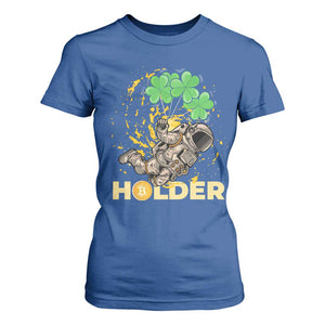 St Patricks Day Bitcoin Astronaut T Shirt For Women Lucky Shamrock Leprechaun BTC Crypto Holder TS10 Royal Blue Print Your Wear