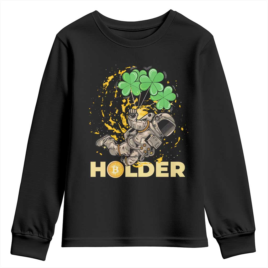 St Patricks Day Bitcoin Astronaut Youth Sweatshirt Lucky Shamrock Leprechaun BTC Crypto Holder TS10 Black Print Your Wear