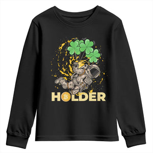 St Patricks Day Bitcoin Astronaut Youth Sweatshirt Lucky Shamrock Leprechaun BTC Crypto Holder TS10 Black Print Your Wear