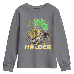 St Patricks Day Bitcoin Astronaut Youth Sweatshirt Lucky Shamrock Leprechaun BTC Crypto Holder TS10 Charcoal Print Your Wear