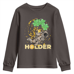 St Patricks Day Bitcoin Astronaut Youth Sweatshirt Lucky Shamrock Leprechaun BTC Crypto Holder TS10 Dark Chocolate Print Your Wear