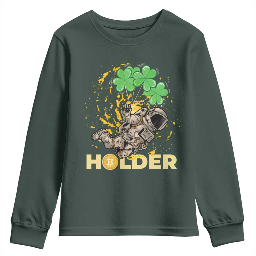 St Patricks Day Bitcoin Astronaut Youth Sweatshirt Lucky Shamrock Leprechaun BTC Crypto Holder TS10 Dark Forest Green Print Your Wear
