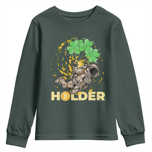 St Patricks Day Bitcoin Astronaut Youth Sweatshirt Lucky Shamrock Leprechaun BTC Crypto Holder TS10 Dark Forest Green Print Your Wear