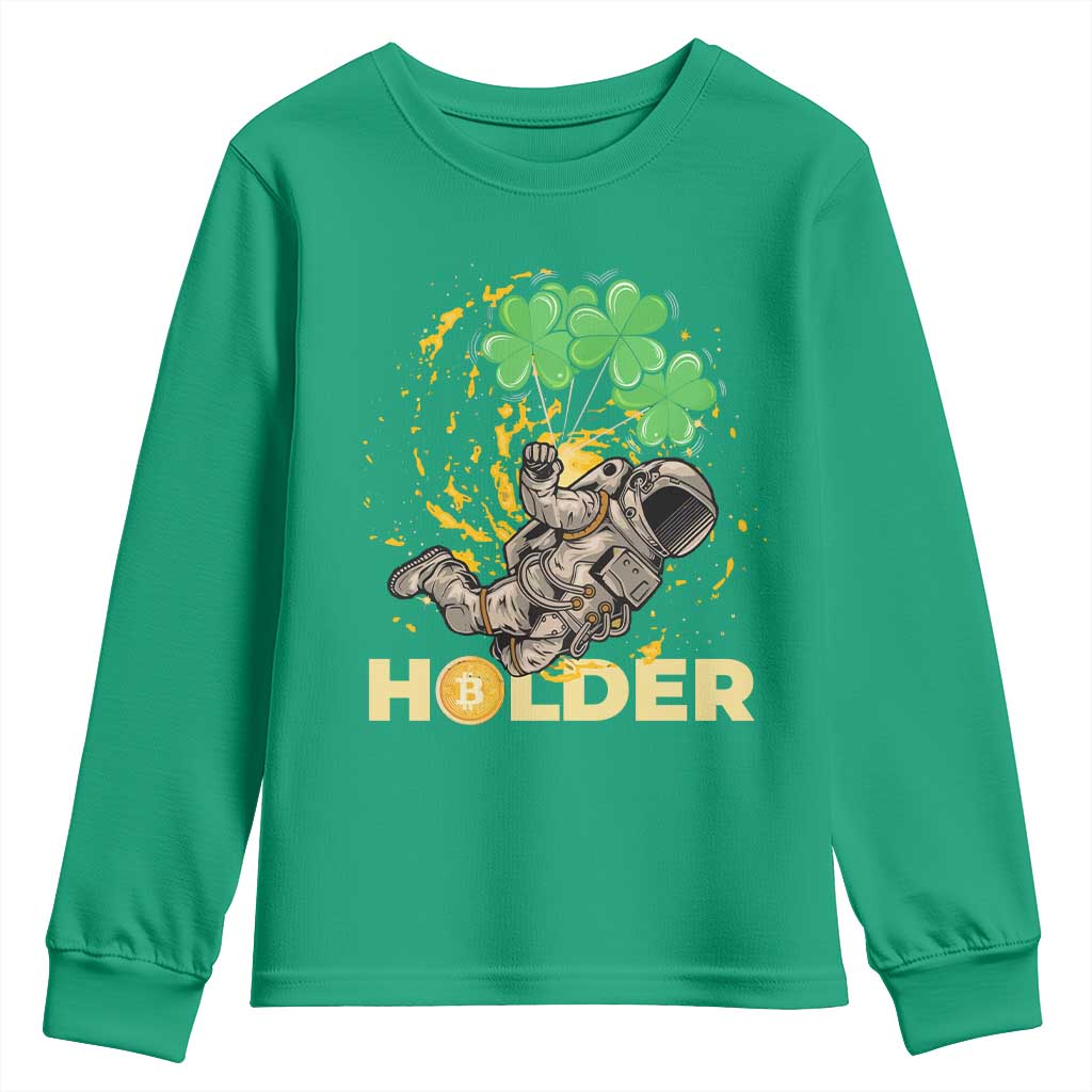 St Patricks Day Bitcoin Astronaut Youth Sweatshirt Lucky Shamrock Leprechaun BTC Crypto Holder TS10 Irish Green Print Your Wear