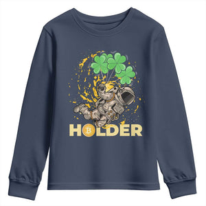 St Patricks Day Bitcoin Astronaut Youth Sweatshirt Lucky Shamrock Leprechaun BTC Crypto Holder TS10 Navy Print Your Wear